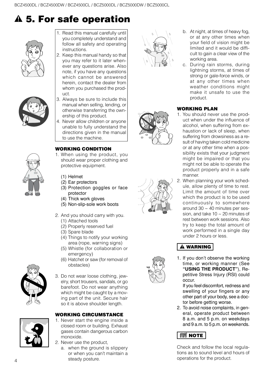 Zenoah BCZ4500DL/DW, BCZ5000DL / DW, BCZ5000DL/DW For safe operation, Working Condition, Working Circumstance, Working Plan 