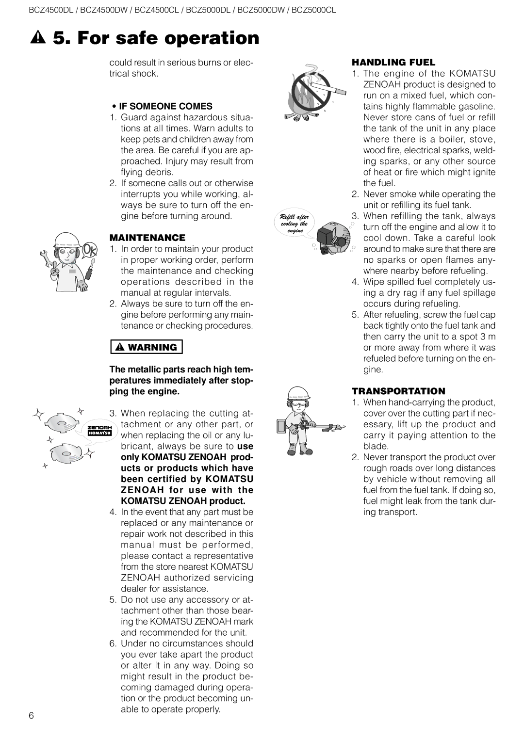 Zenoah BCZ5000DL / DW, BCZ4500/5000CL, BCZ4500DL / DW If Someone Comes, Maintenance, Handling Fuel, Transportation 