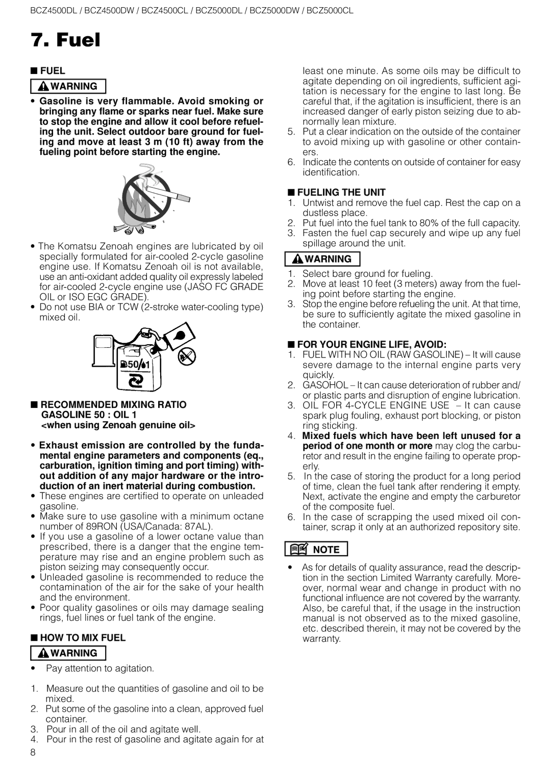 Zenoah BCZ4500DL / DW, BCZ5000DL / DW, BCZ4500/5000CL, BCZ5000DL/DW, BCZ4500DL/DW owner manual Fuel 