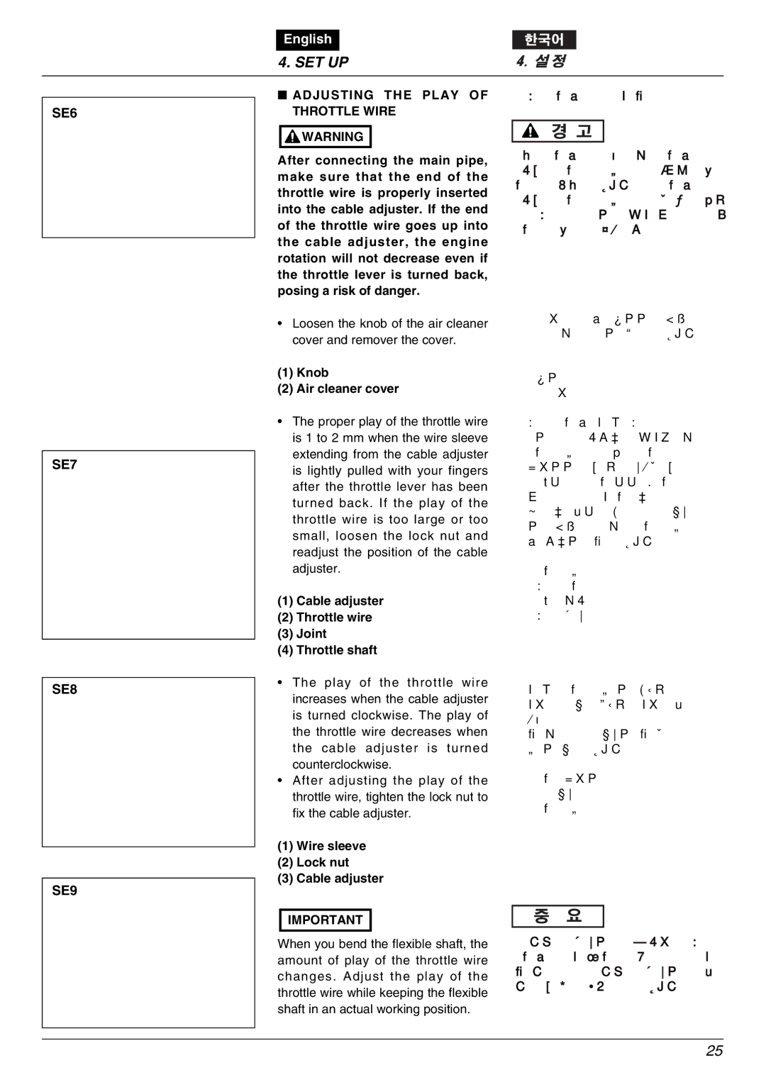 Zenoah BK2650DL-Hb owner manual SE6, SE7 SE8 SE9, Adjusting the Play of Throttle Wire 