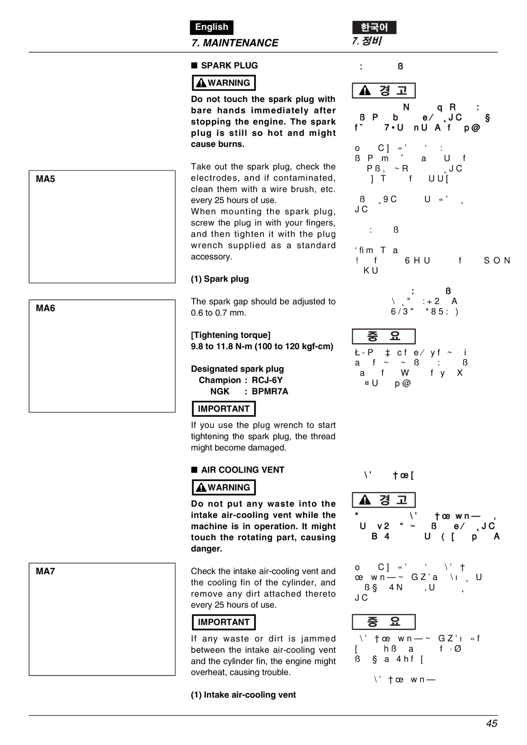 Zenoah BK2650DL-Hb owner manual MA5 MA6 MA7, Spark Plug Warning, NGK BPMR7A, AIR Cooling Vent Warning 