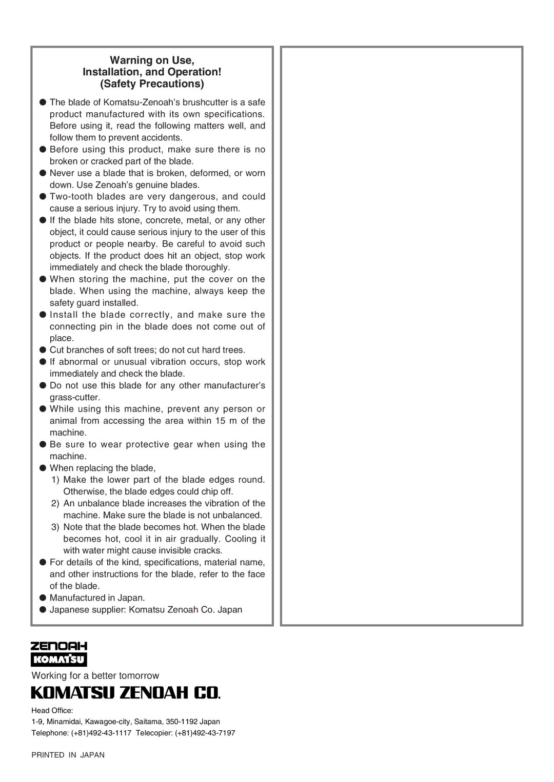 Zenoah BK2650DL-Hb owner manual Installation, and Operation Safety Precautions 