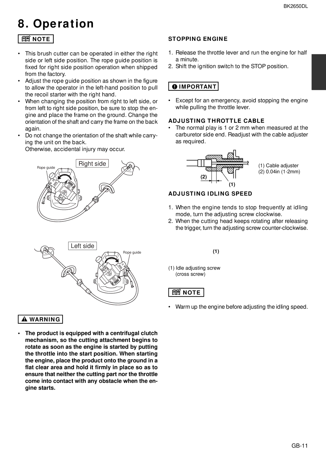 Zenoah BK2650DL owner manual Stopping Engine, Adjusting Throttle Cable, Adjusting Idling Speed 