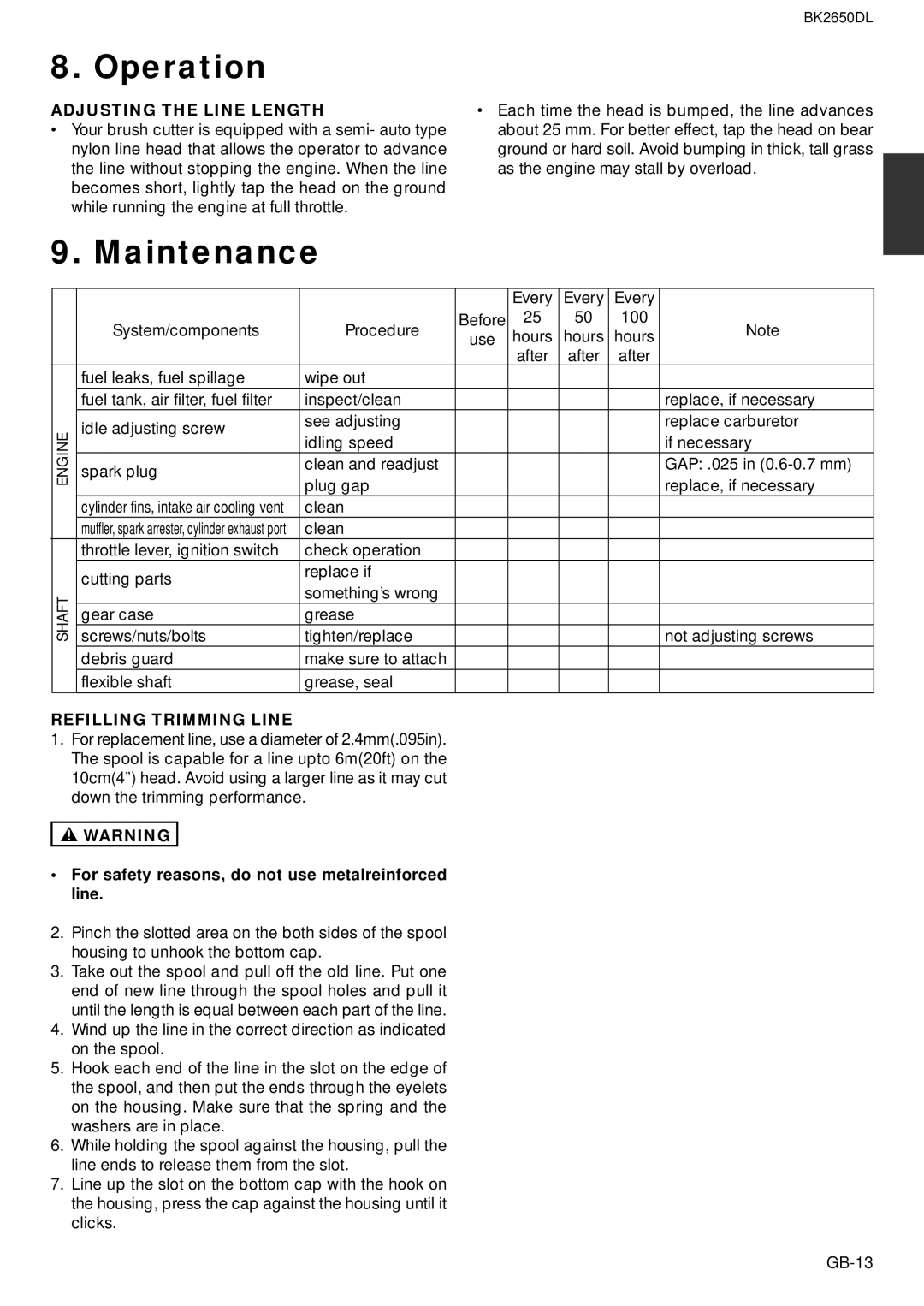 Zenoah BK2650DL owner manual Maintenance, Adjusting the Line Length, Refilling Trimming Line 