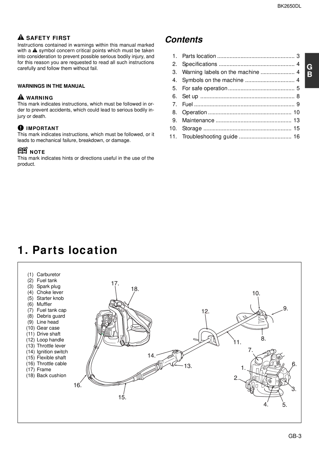 Zenoah BK2650DL owner manual Parts location, Contents 