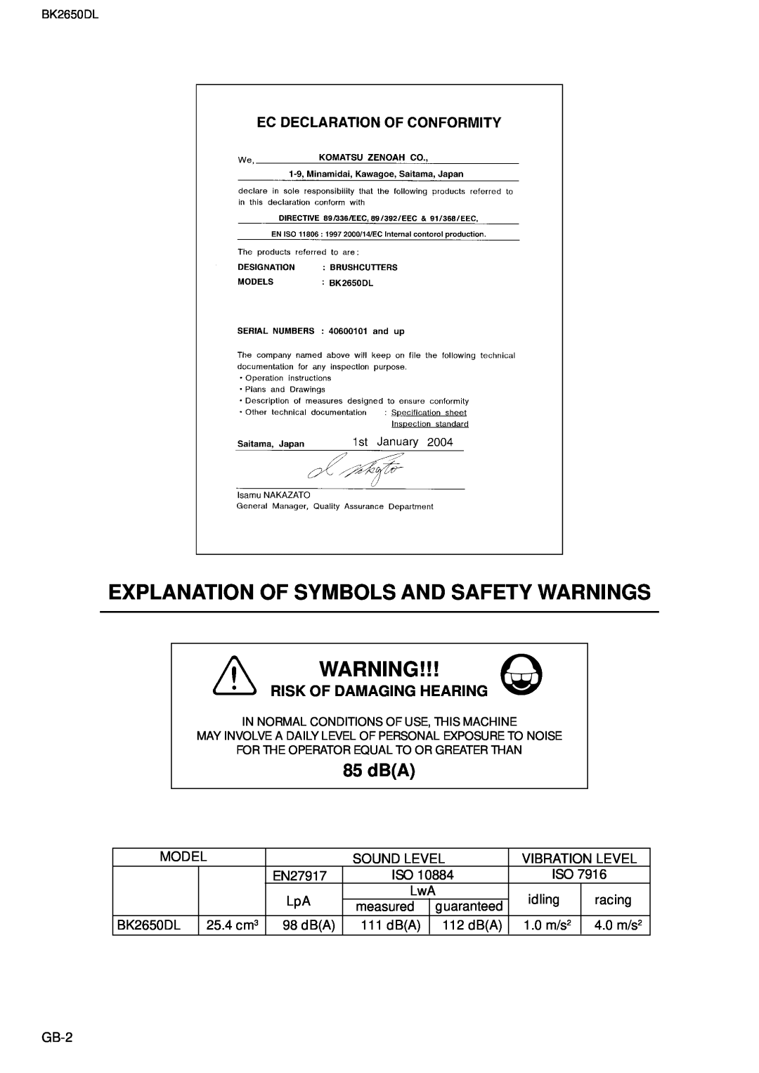 Zenoah BK2650DL owner manual Explanation Of Symbols And Safety Warnings, 85 dBA, Risk Of Damaging Hearing 