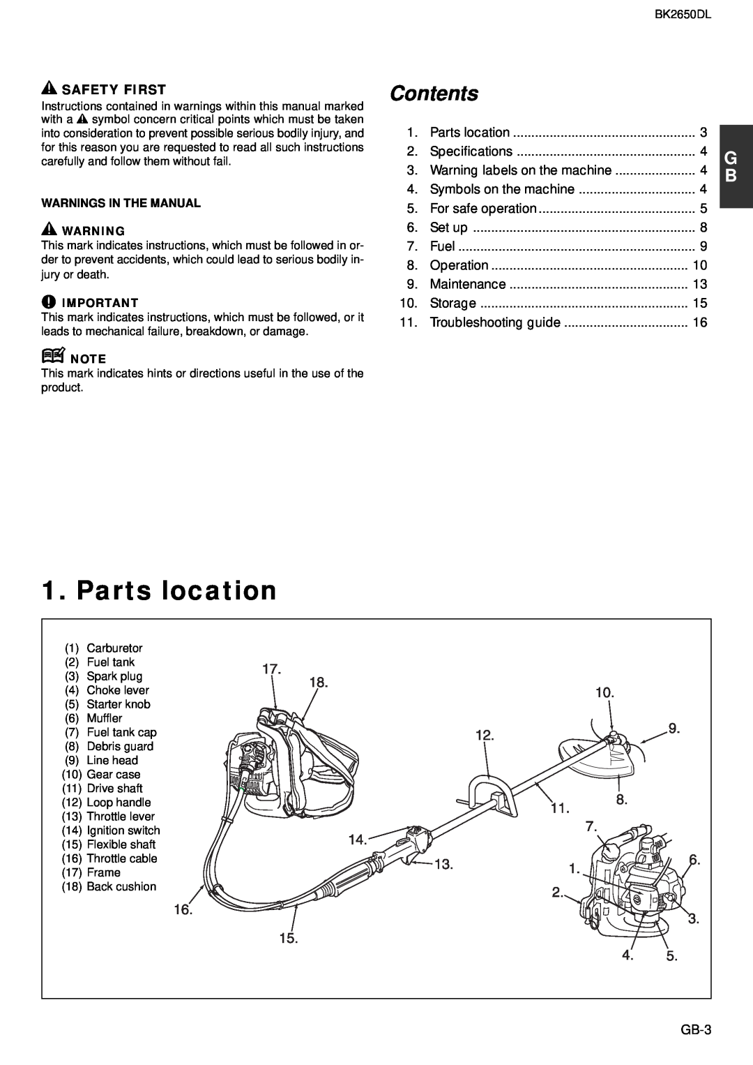 Zenoah BK2650DL owner manual Parts location, Safety First, Contents 