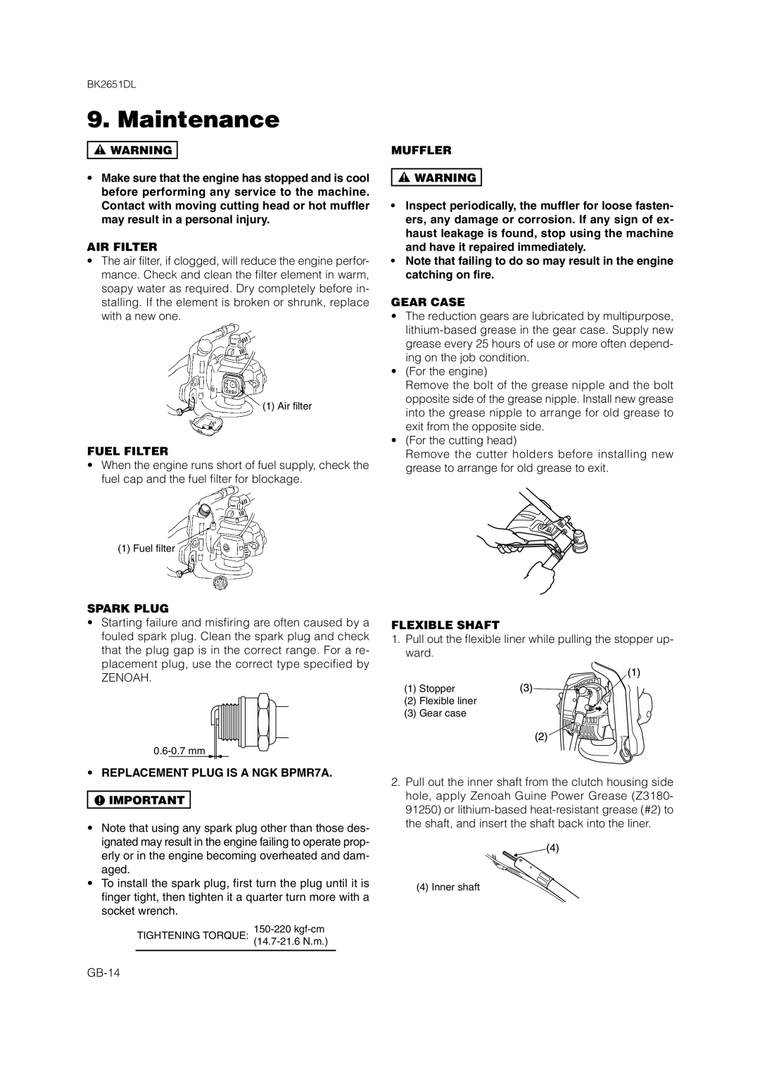 Zenoah BK2651DL AIR Filter, Fuel Filter, Muffler, Gear Case, Spark Plug, Replacement Plug is a NGK BPMR7A, Flexible Shaft 