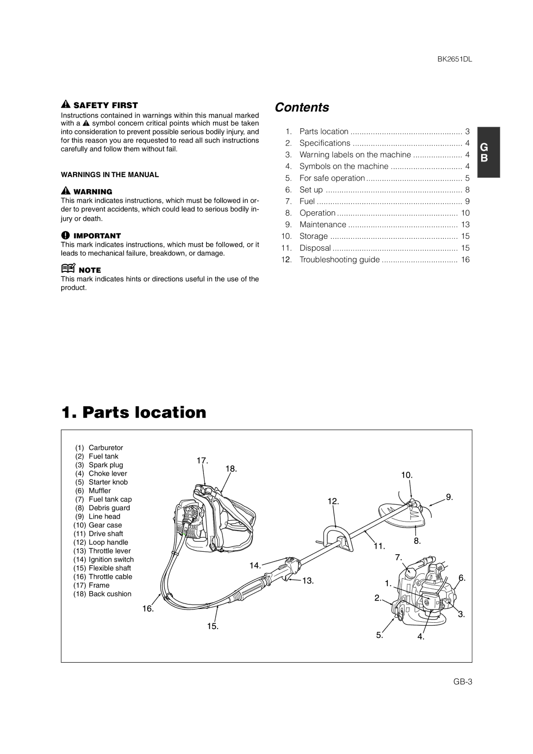 Zenoah BK2651DL owner manual Parts location, Contents 