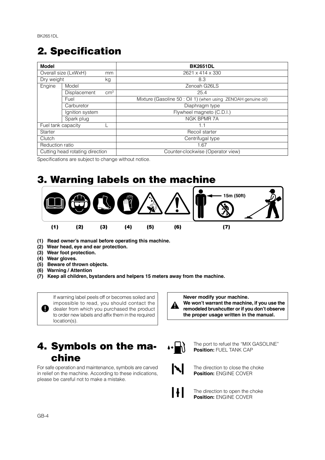 Zenoah BK2651DL owner manual Specification, Symbols on the ma- chine 