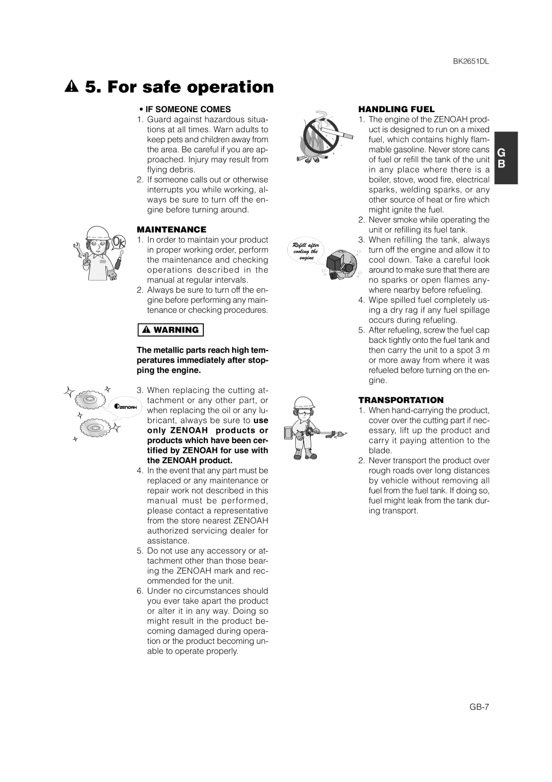 Zenoah BK2651DL owner manual If Someone Comes, Maintenance, Handling Fuel, Transportation 