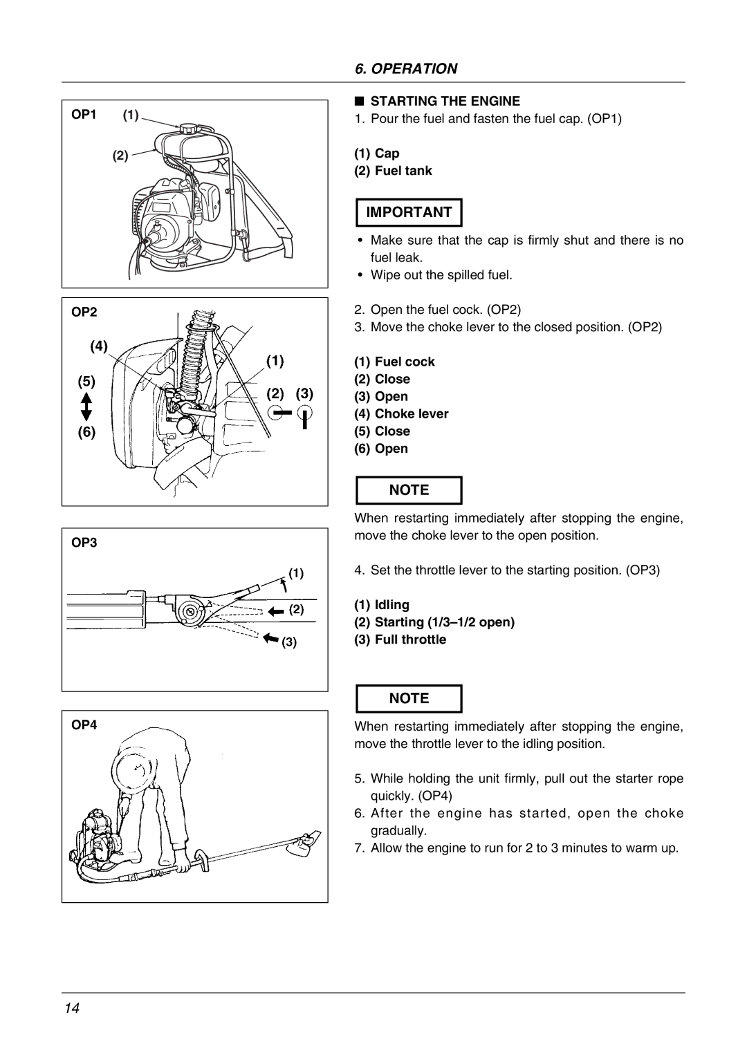 Zenoah BK3410FL, BK4310FL owner manual Operation, OP2 OP3 OP4, Starting the Engine 