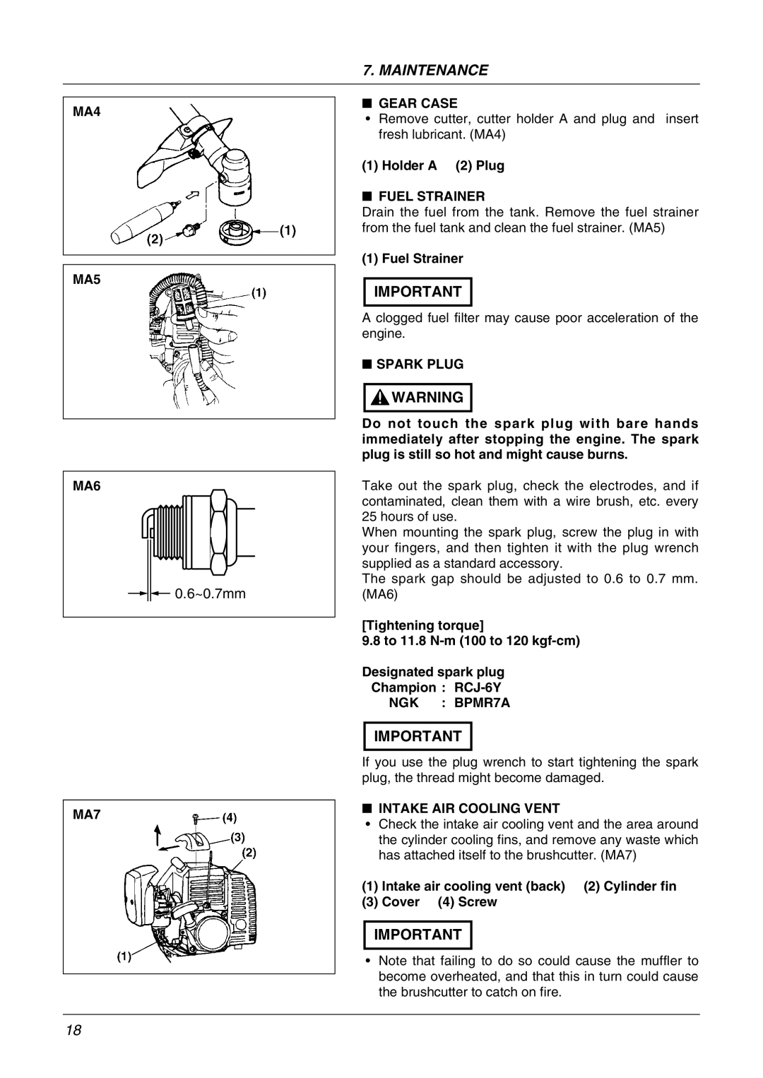 Zenoah BK3410FL, BK4310FL MA4 MA5 MA6, MA7 Gear Case, Fuel Strainer, Spark Plug, NGK BPMR7A, Intake AIR Cooling Vent 