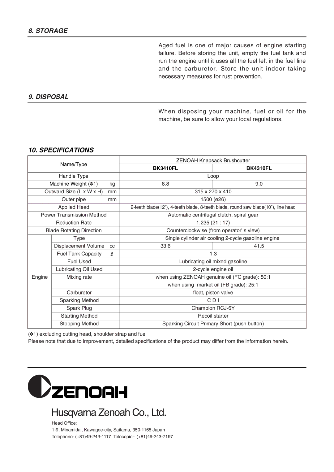 Zenoah BK3410FL, BK4310FL owner manual Storage, Disposal, Specifications 