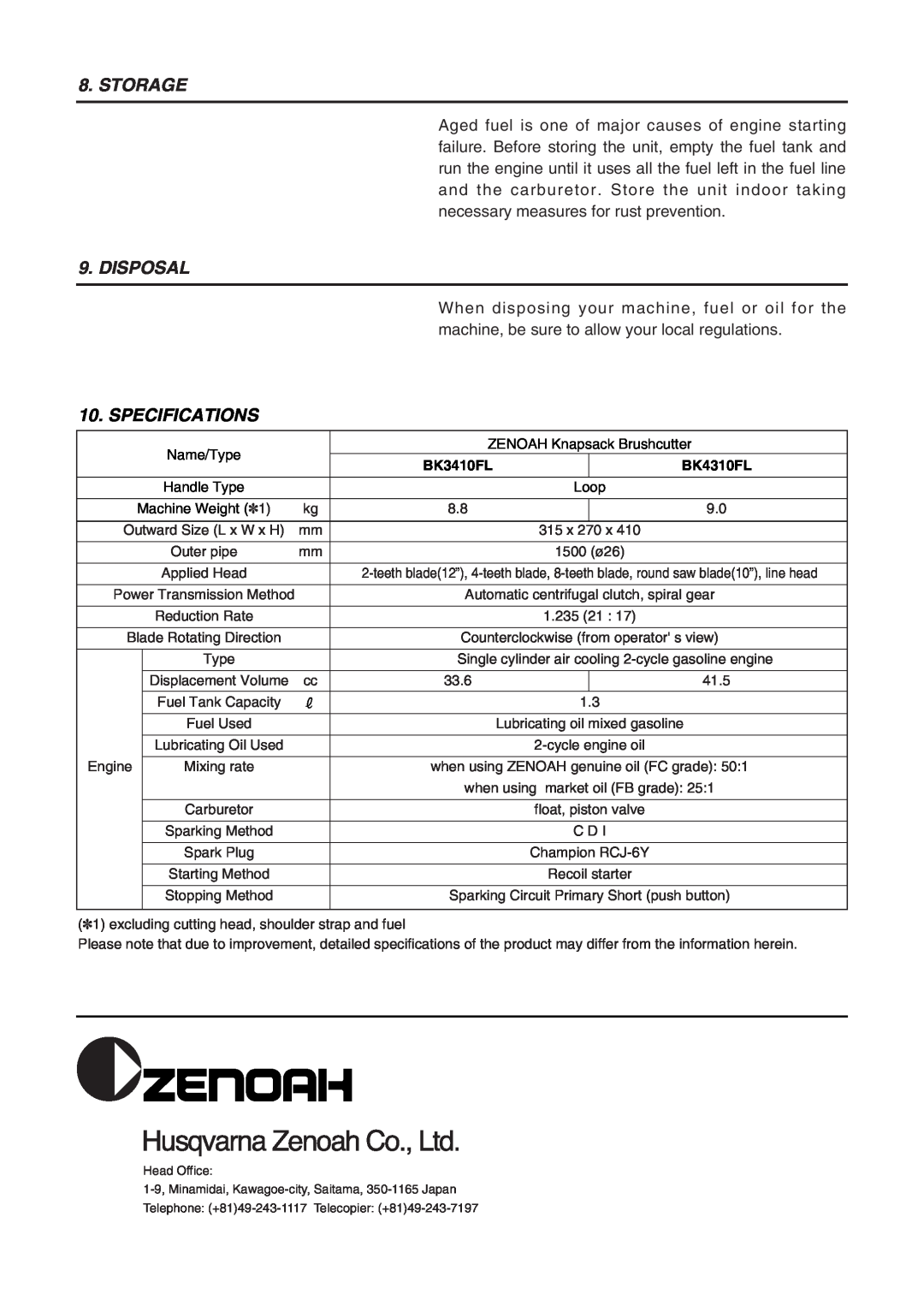 Zenoah BK3410FL owner manual Storage, Disposal, Specifications, BK4310FL 