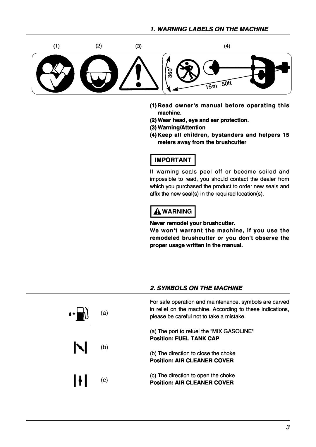 Zenoah BK4310FL Warning Labels On The Machine, Symbols On The Machine, Read owners manual before operating this machine 