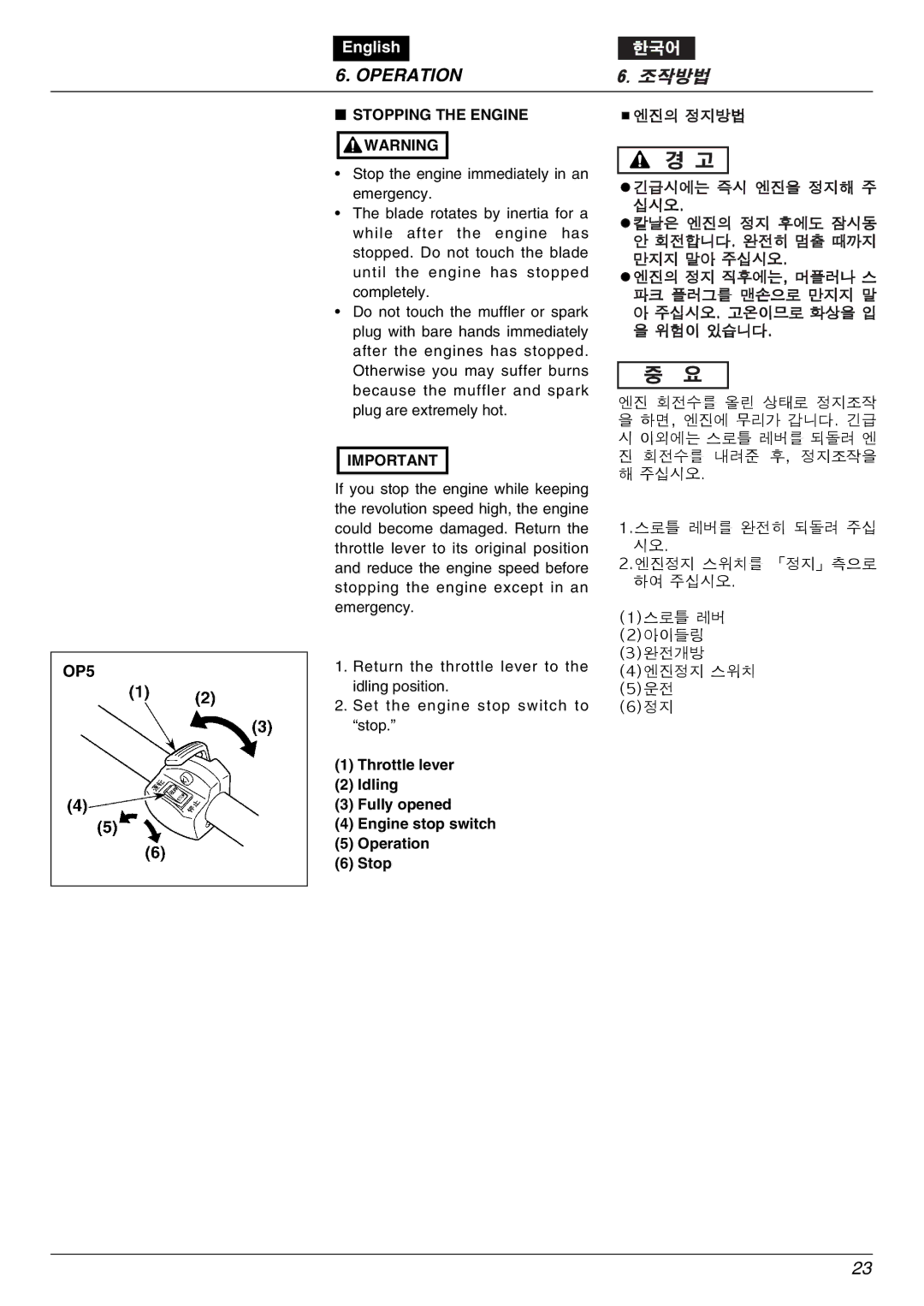 Zenoah BK3420FL-EZ owner manual OP5, Stopping the Engine Warning 