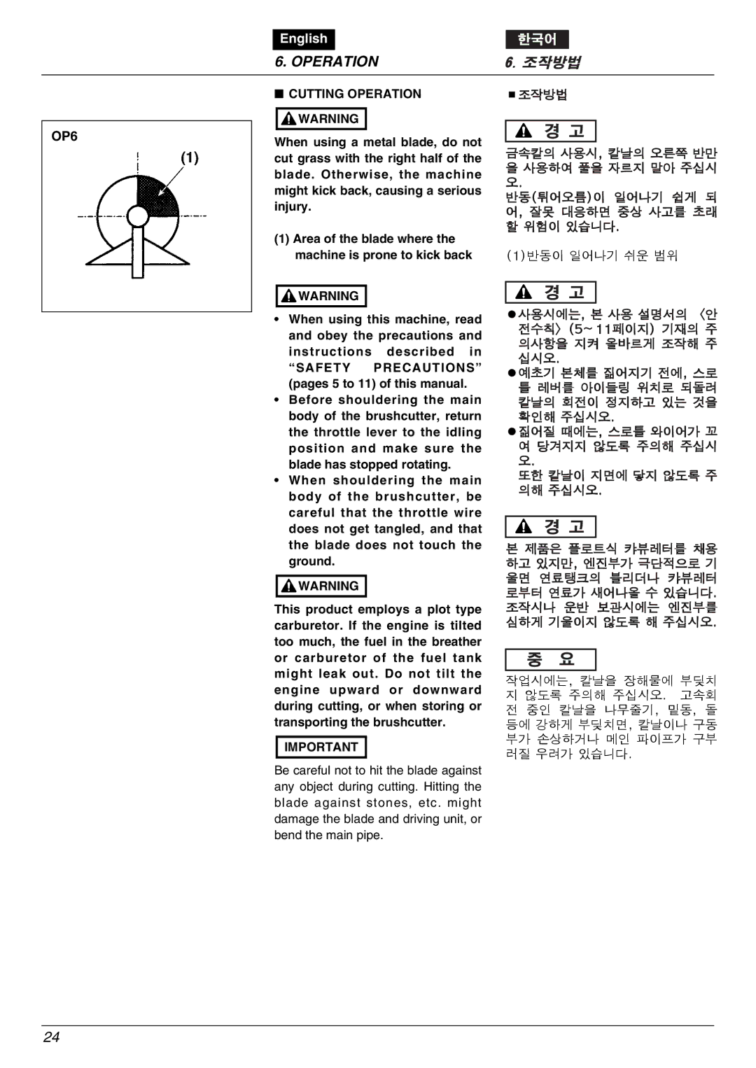 Zenoah BK3420FL-EZ owner manual OP6, Cutting Operation Warning 