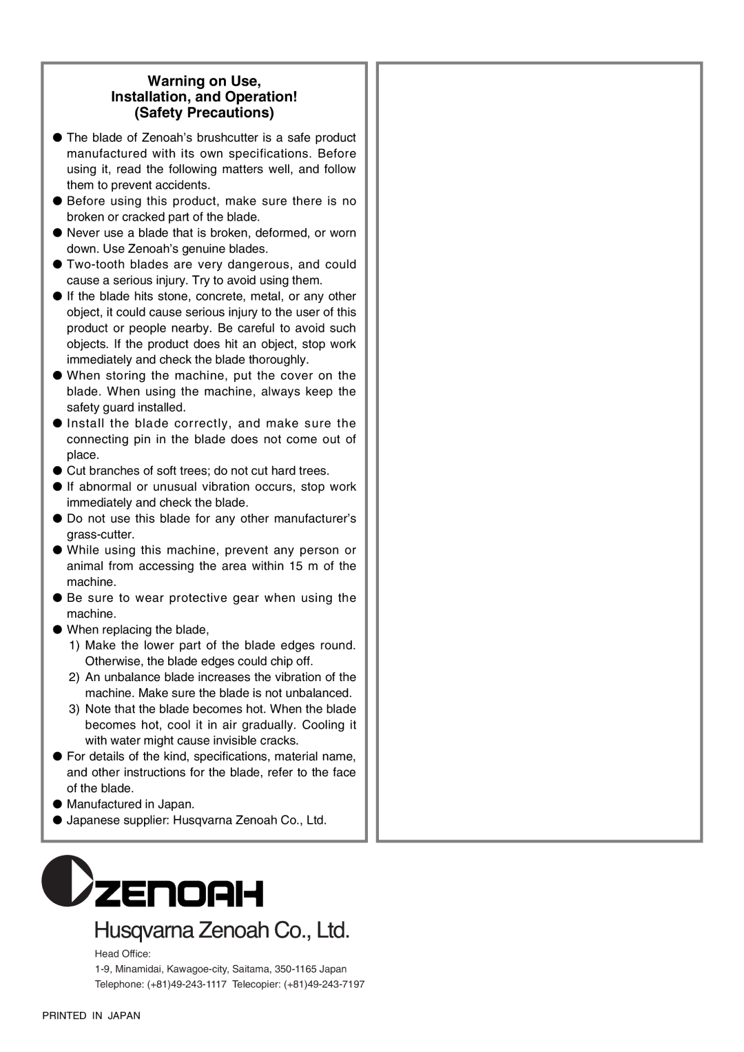 Zenoah BK3420FL-EZ owner manual Installation, and Operation Safety Precautions 