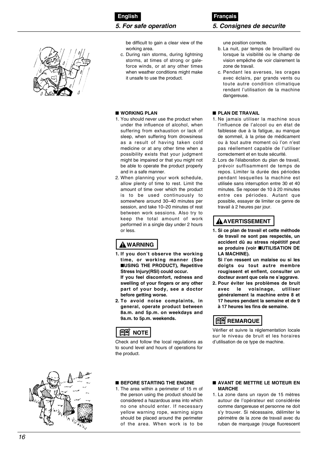 Zenoah BK4500FL Working Plan, Before Starting the Engine, Plan DE Travail, LA Machine, Avant DE Mettre LE Moteur EN Marche 