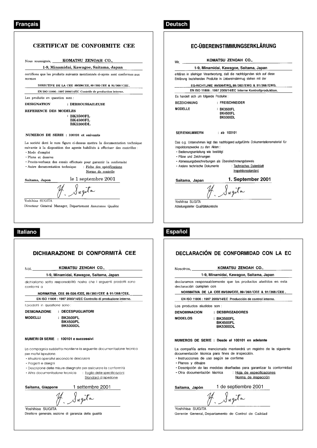 Zenoah BK3500FL, BK4500FL, BK5300DL manual Français Deutsch Italiano Español 