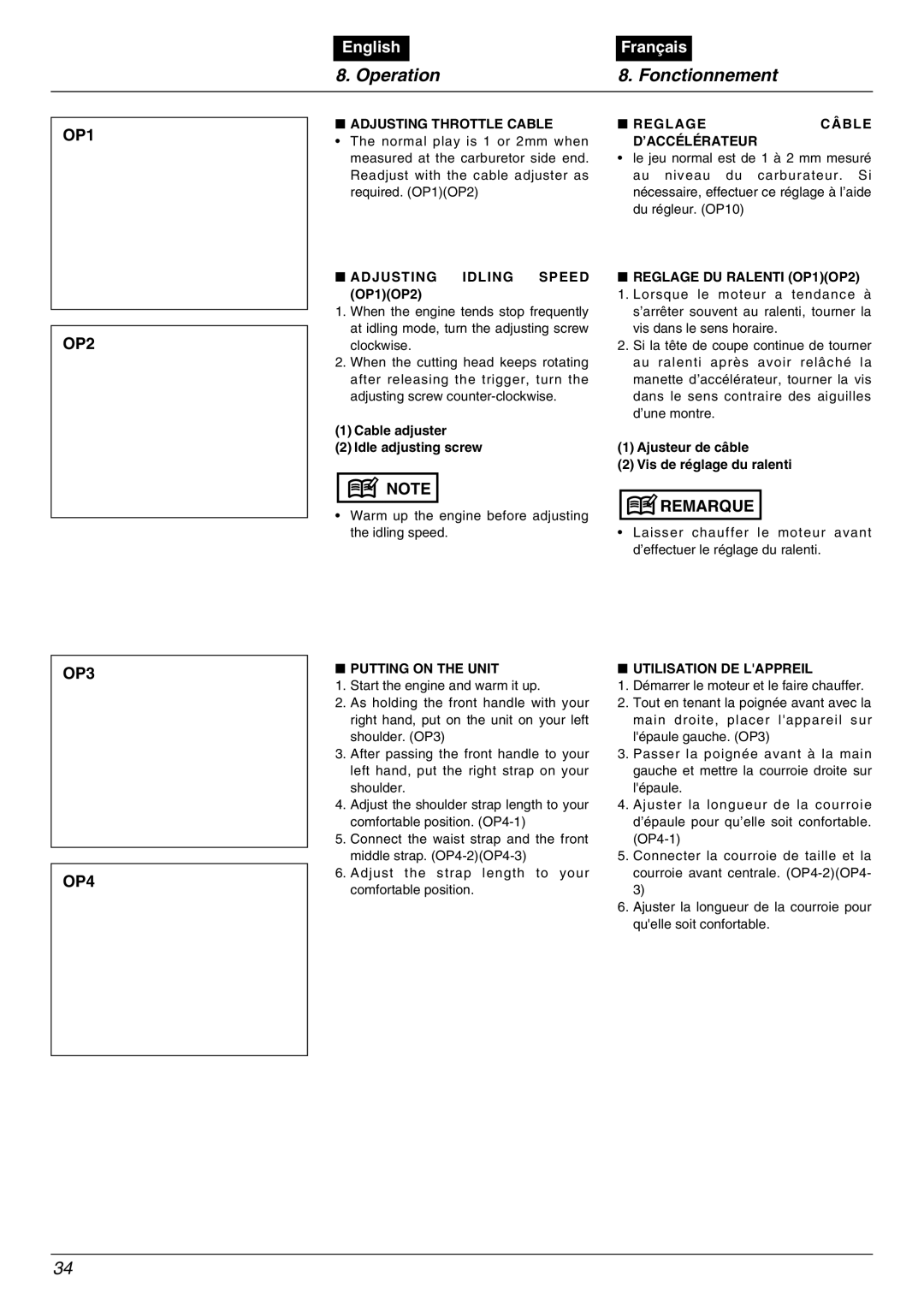 Zenoah BK4500FL, BK3500FL, BK5300DL manual Operation Fonctionnement, OP1 OP2, OP3 OP4 