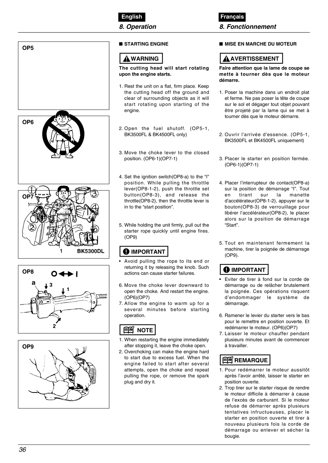 Zenoah BK3500FL, BK4500FL manual Operation Fonctionnement, OP5, OP6 OP7 OP8 OP9, Starting Engine Mise EN Marche DU Moteur 