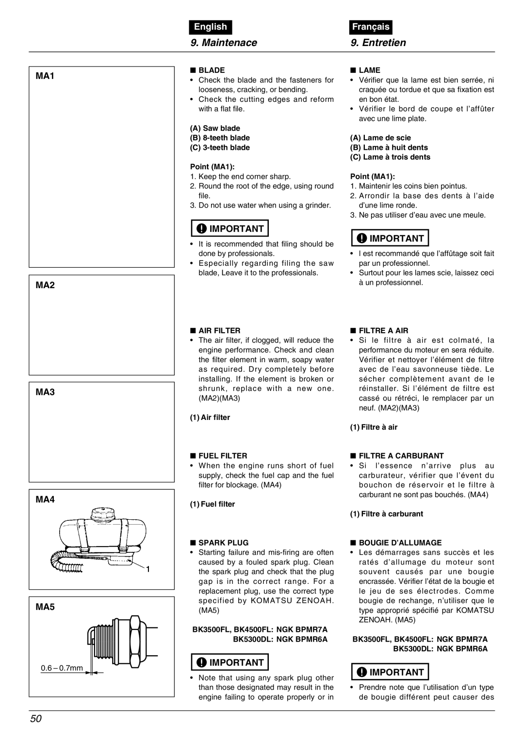 Zenoah BK5300DL, BK3500FL, BK4500FL manual Maintenace Entretien, MA1 MA2 MA3 MA4 MA5 