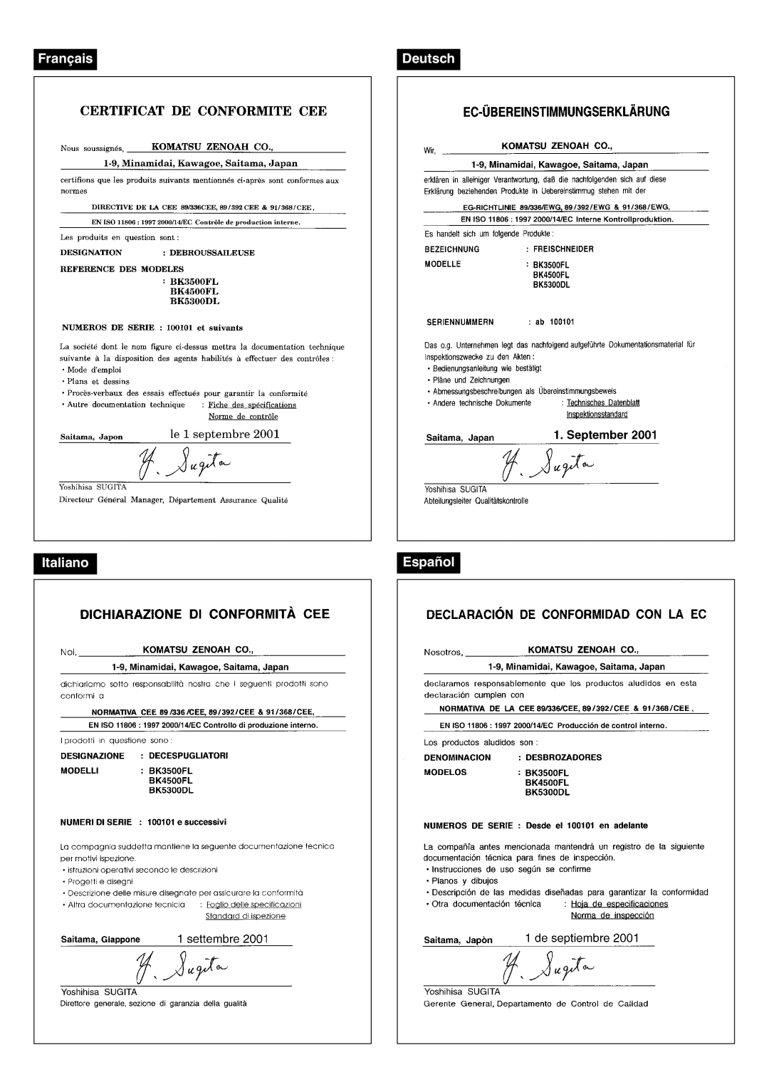 Zenoah BK3500FL, BK4500FL, BK5300DL manual Français, Deutsch, Italiano, Español 