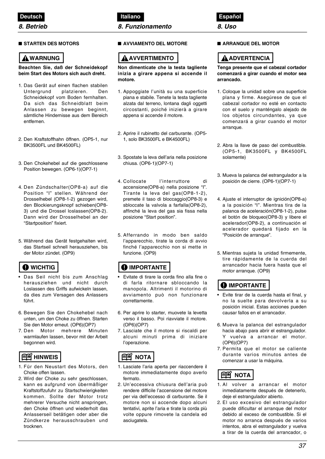 Zenoah BK4500FL manual Deutsch, Italiano, Español, Warnung, Avvertimento, Advertencia, Wichtig, Importante, Hinweis, Nota 