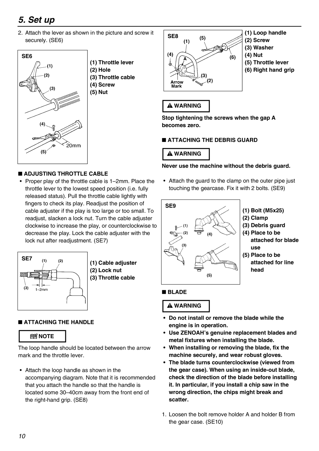 Zenoah BK4310FL-S SE6, SE8, Adjusting Throttle Cable, Attaching the Debris Guard, SE7, SE9 Blade, Attaching the Handle 