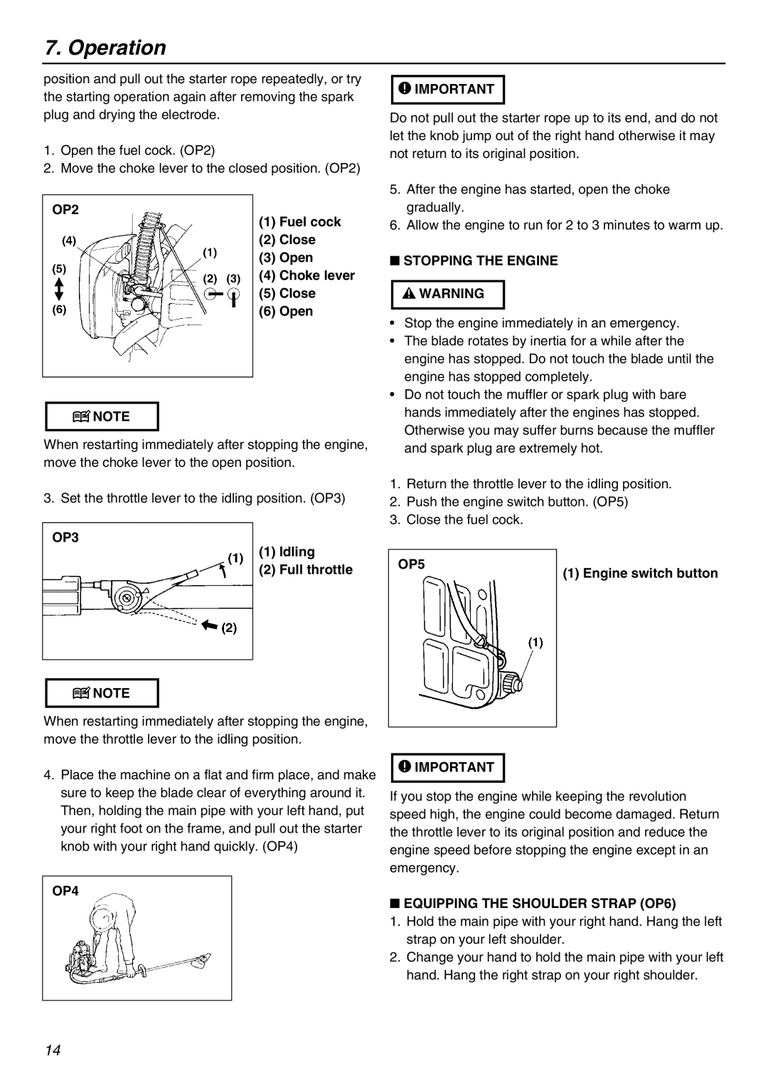 Zenoah BK4310FL-S, BK3410FL-S owner manual OP2, Stopping the Engine, OP3, OP5, OP4, Equipping the Shoulder Strap OP6 