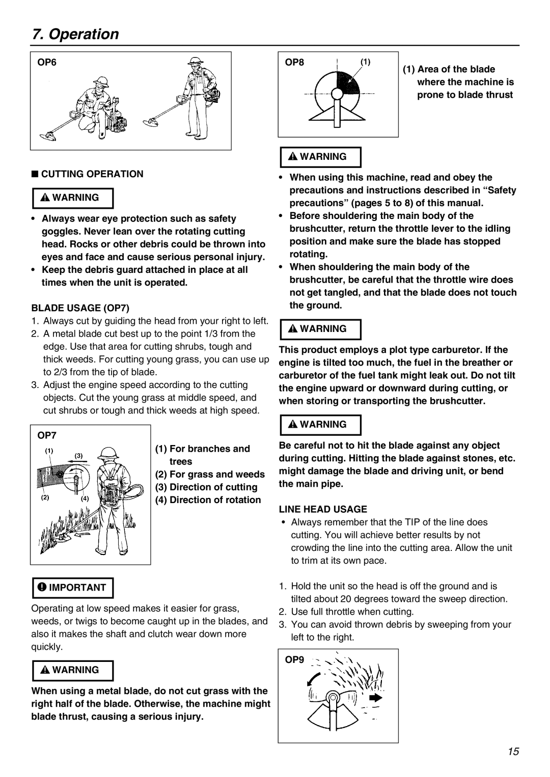 Zenoah BK3410FL-S, BK4310FL-S owner manual OP6 OP8, Cutting Operation, Blade Usage OP7, Line Head Usage, OP9 