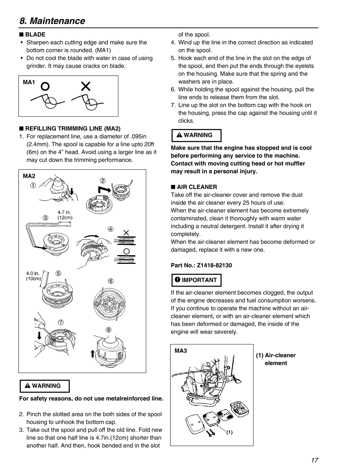 Zenoah BK3410FL-S, BK4310FL-S owner manual Maintenance, MA1 Refilling Trimming Line MA2, AIR Cleaner, MA3 