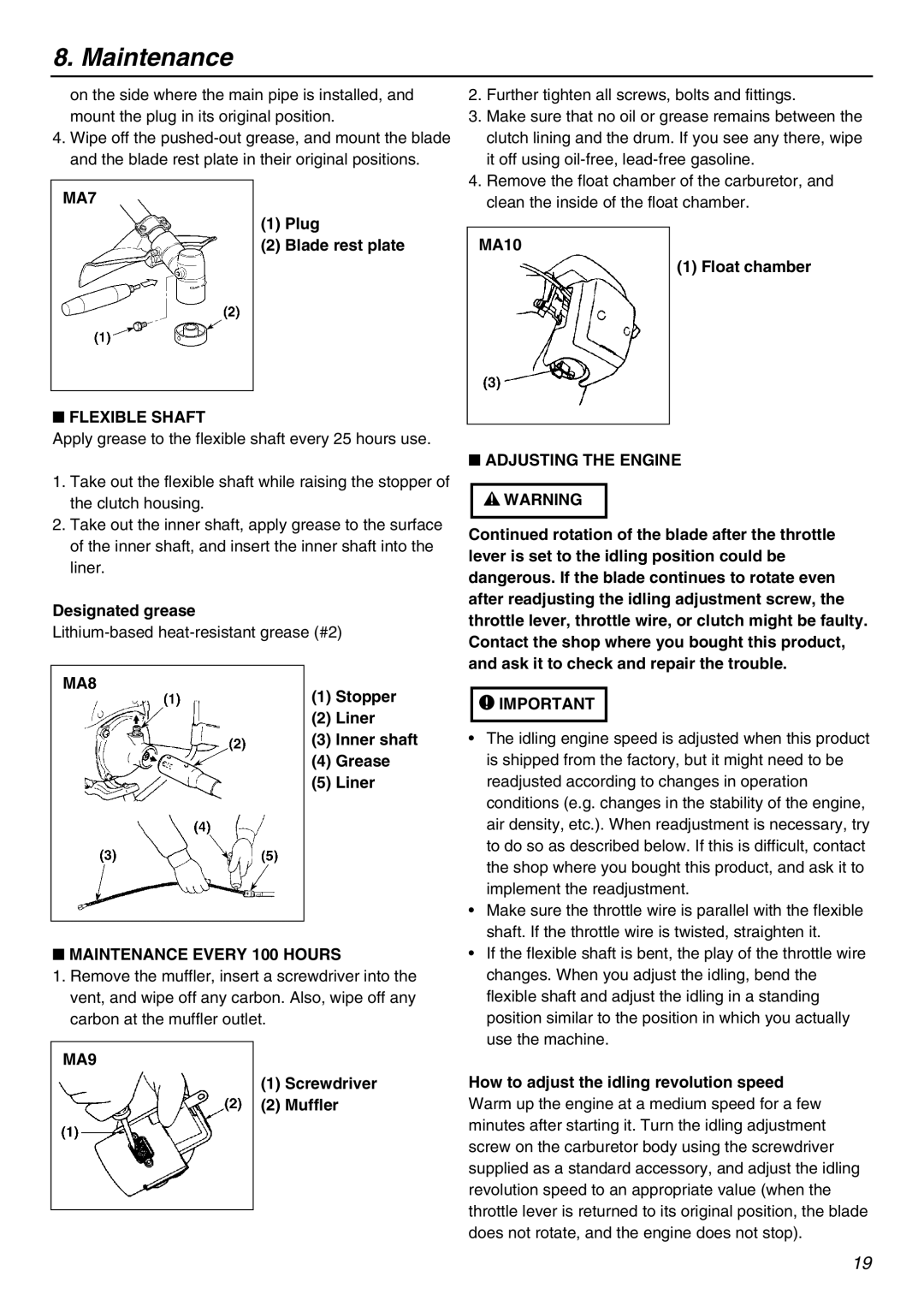 Zenoah BK3410FL-S, BK4310FL-S owner manual MA7, Flexible Shaft, MA8, Maintenance Every 100 Hours, MA9, Adjusting the Engine 
