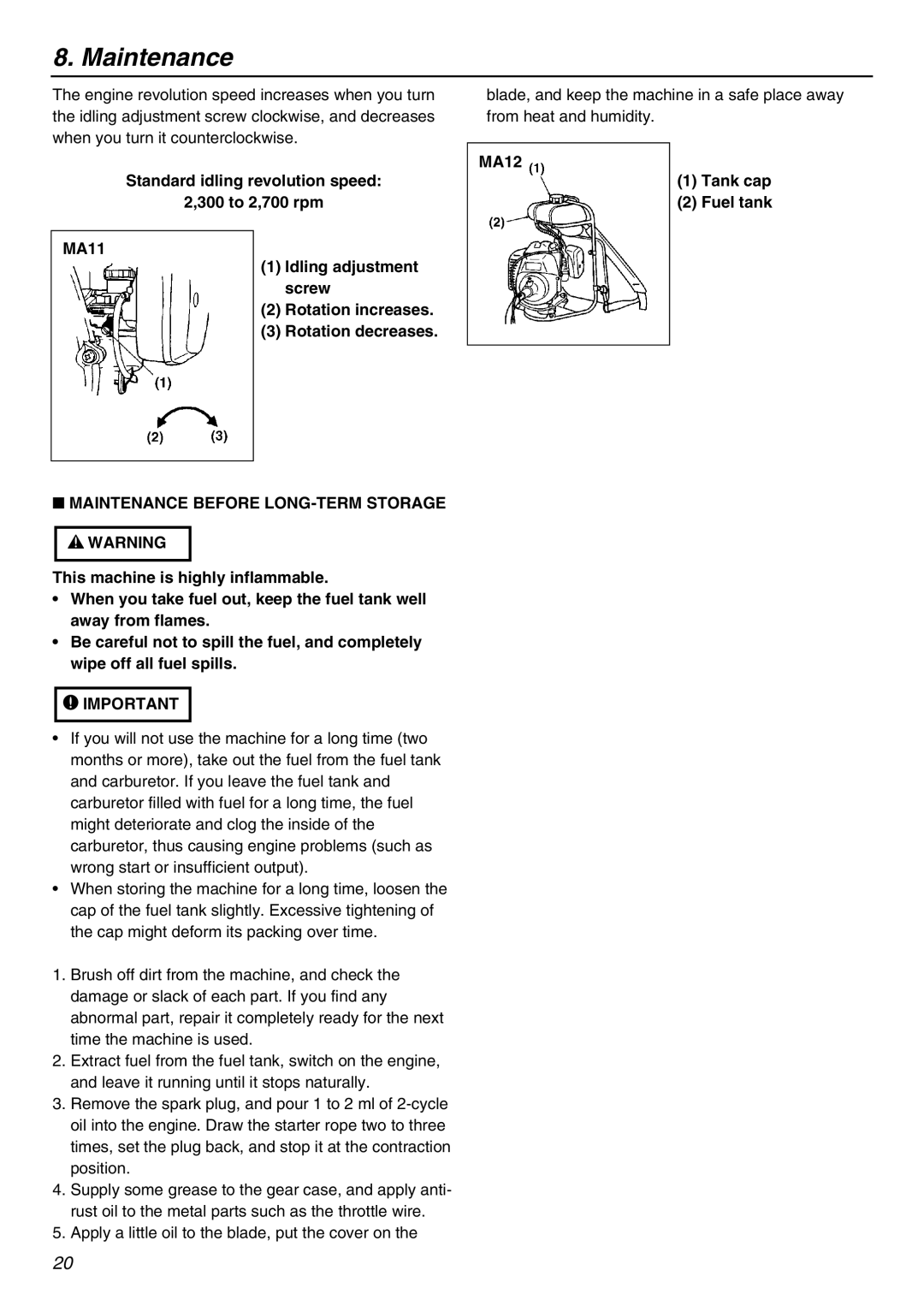 Zenoah BK4310FL-S, BK3410FL-S owner manual MA12 Tank cap Fuel tank, Maintenance Before LONG-TERM Storage 