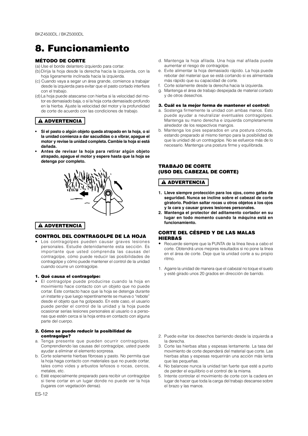 Zenoah BKZ4500DL Método DE Corte, Advertencia Control DEL Contragolpe DE LA Hoja, Corte DEL Césped Y DE LAS Malas Hierbas 