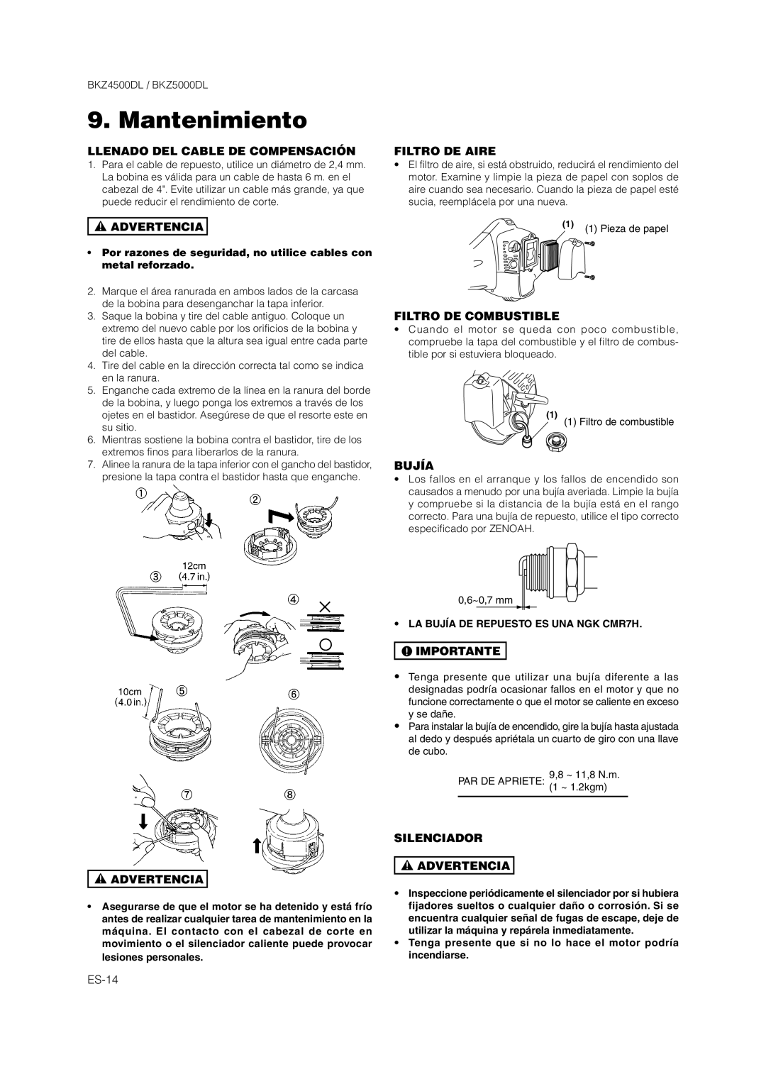 Zenoah BKZ4500DL Llenado DEL Cable DE Compensación, Filtro DE Aire, Filtro DE Combustible, Bujía, Silenciador Advertencia 