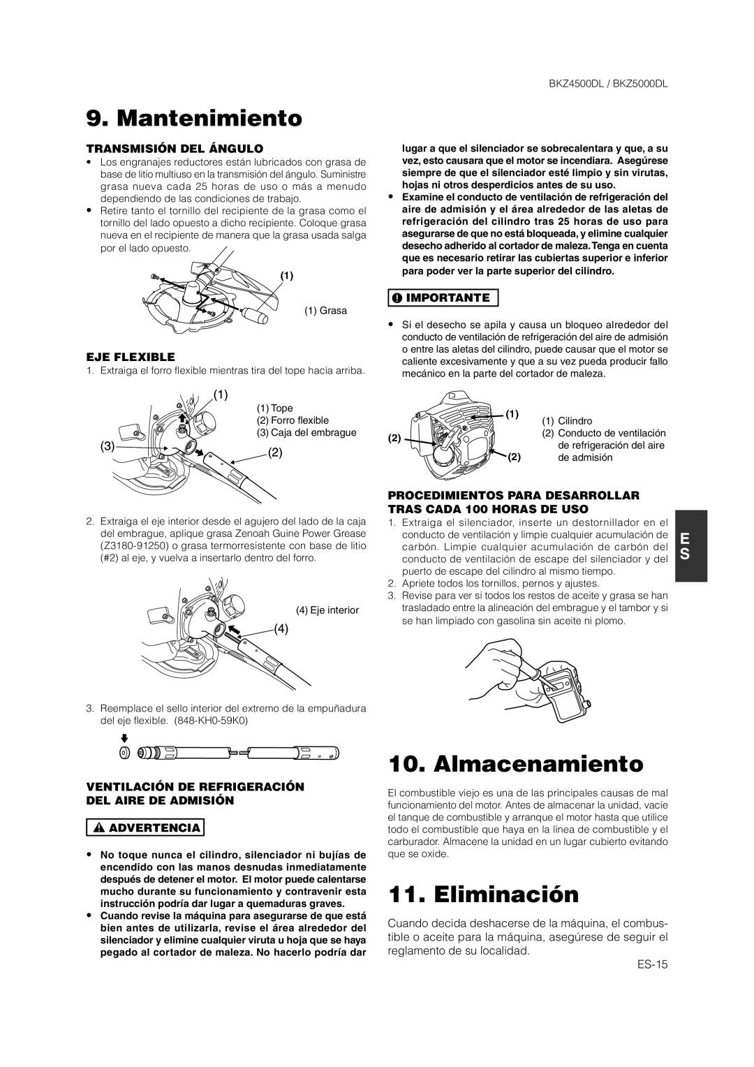 Zenoah BKZ4500DL manual Almacenamiento, Eliminación, Transmisión DEL Ángulo 