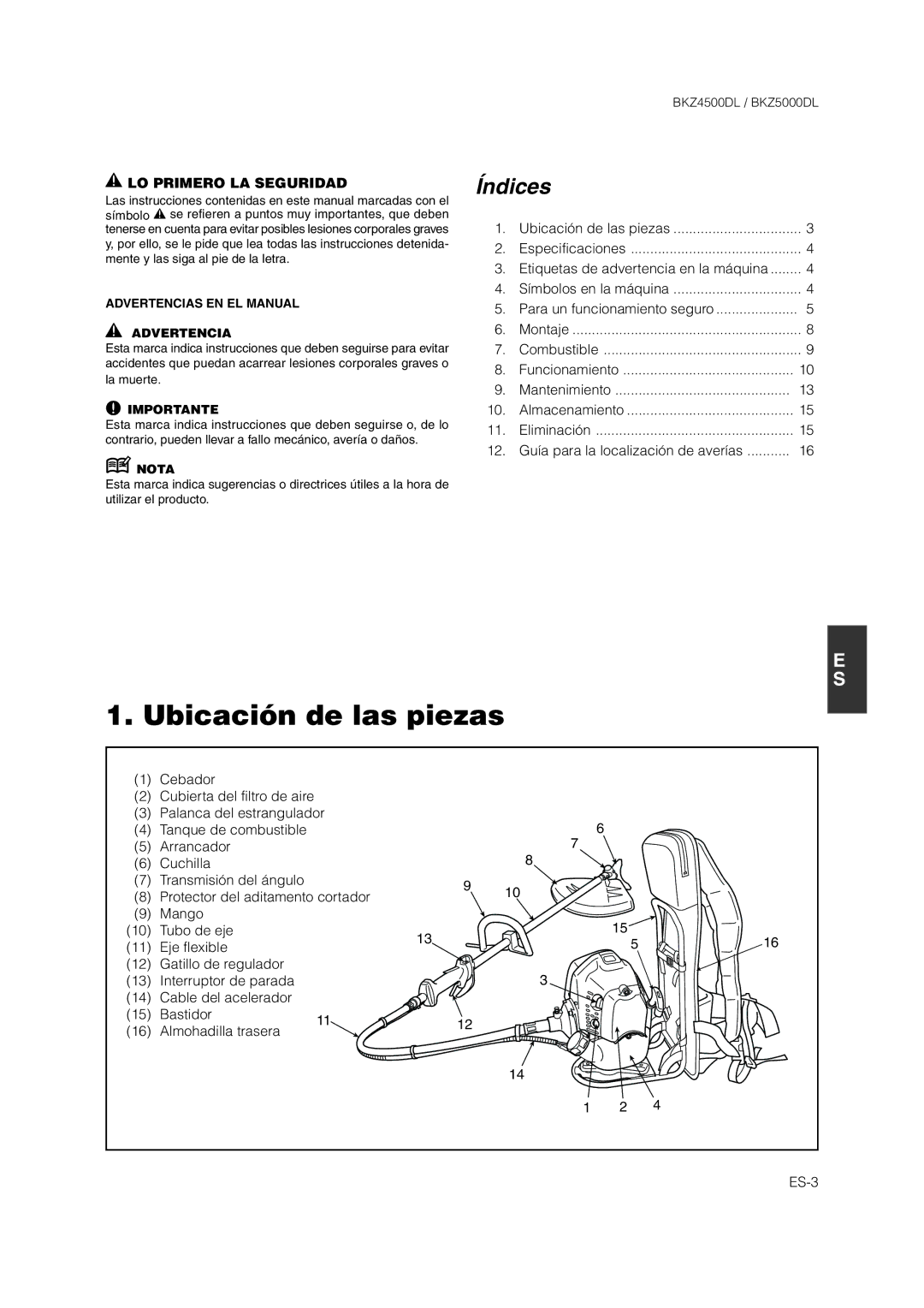 Zenoah BKZ4500DL manual Ubicación de las piezas, LO Primero LA Seguridad 