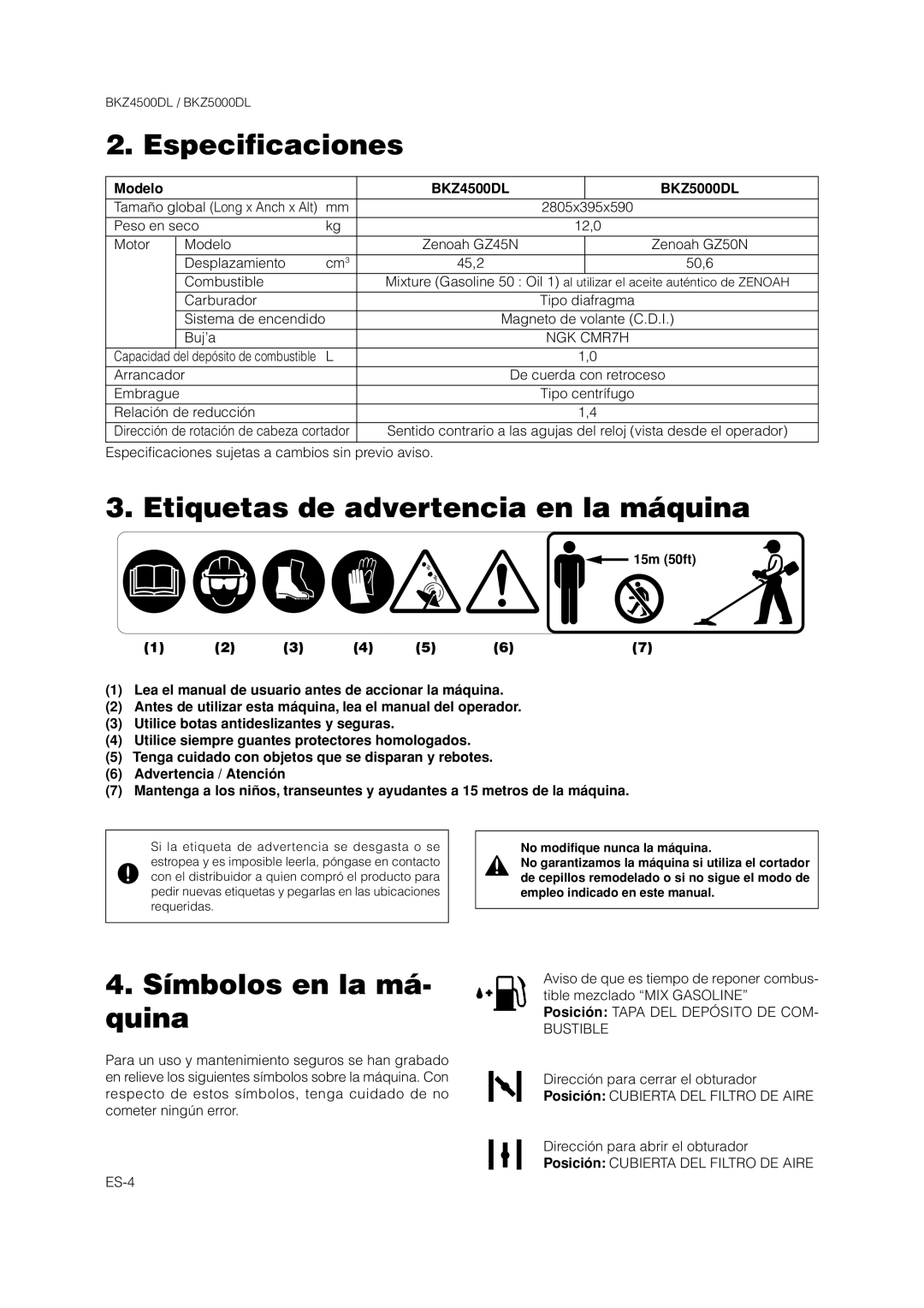 Zenoah manual Especificaciones, Etiquetas de advertencia en la máquina, Símbolos en la má- quina, BKZ4500DL BKZ5000DL 