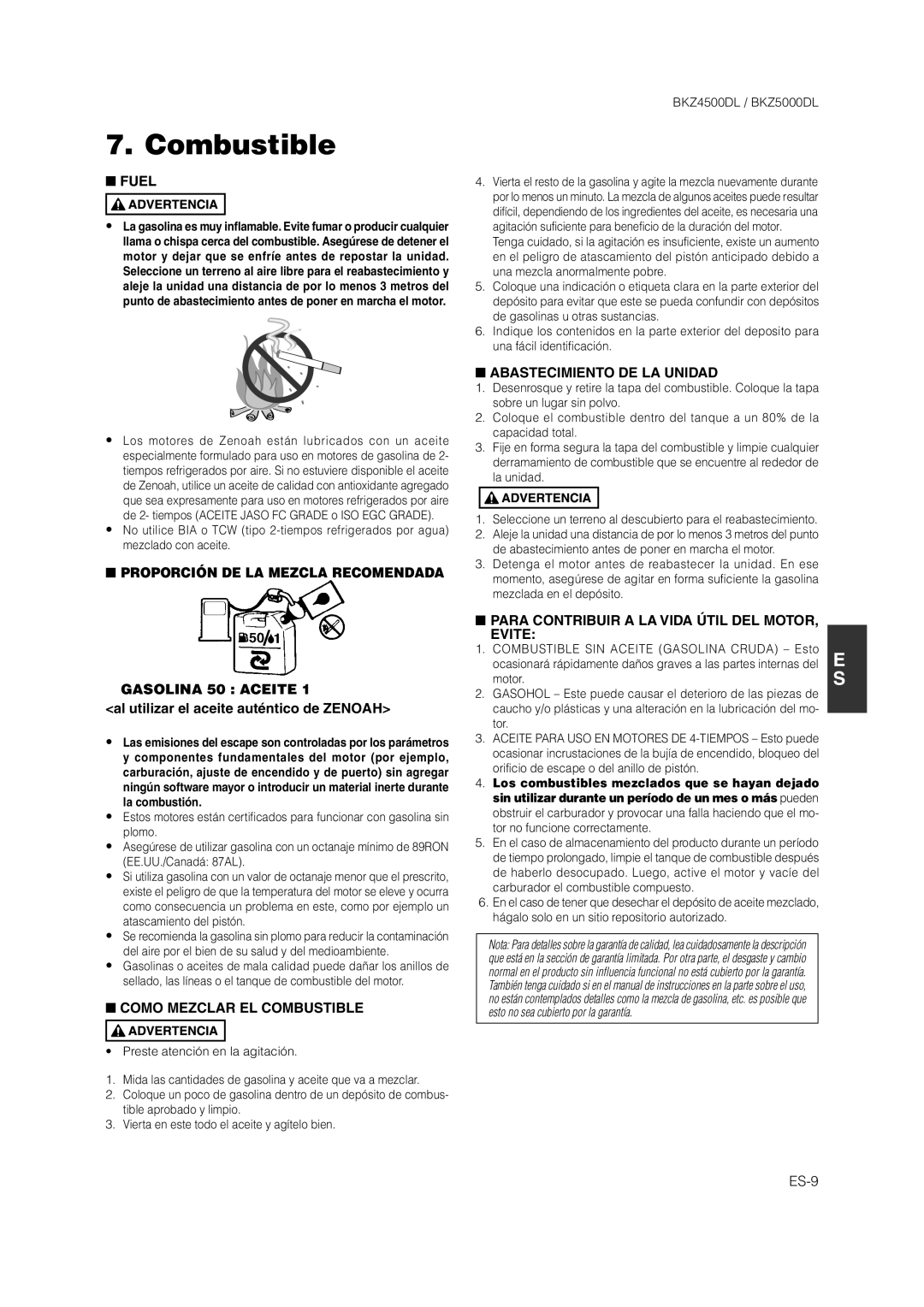 Zenoah BKZ4500DL manual Combustible 