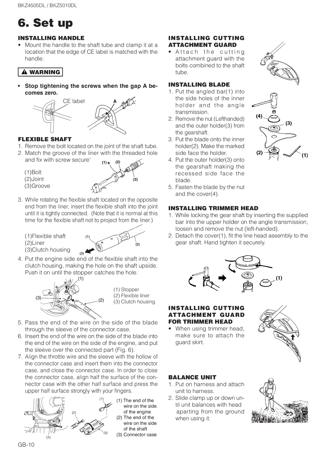 Zenoah BKZ4505DL Installing Handle, Flexible Shaft, Installing Cutting Attachment Guard, Installing Blade, Balance Unit 