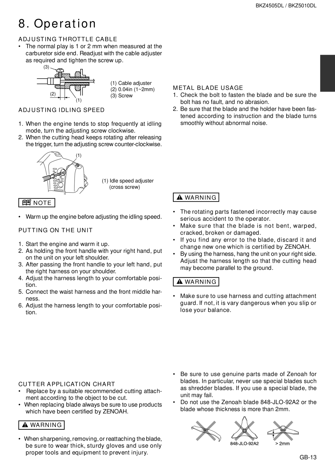 Zenoah BKZ5010DL Adjusting Throttle Cable, Adjusting Idling Speed, Putting on the Unit, Cutter Application Chart 