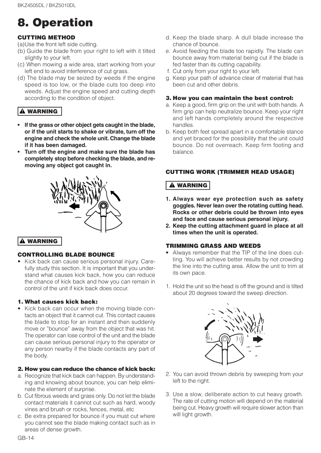 Zenoah BKZ4505DL Cutting Method, Controlling Blade Bounce, Cutting Work Trimmer Head Usage, Trimming Grass and Weeds 