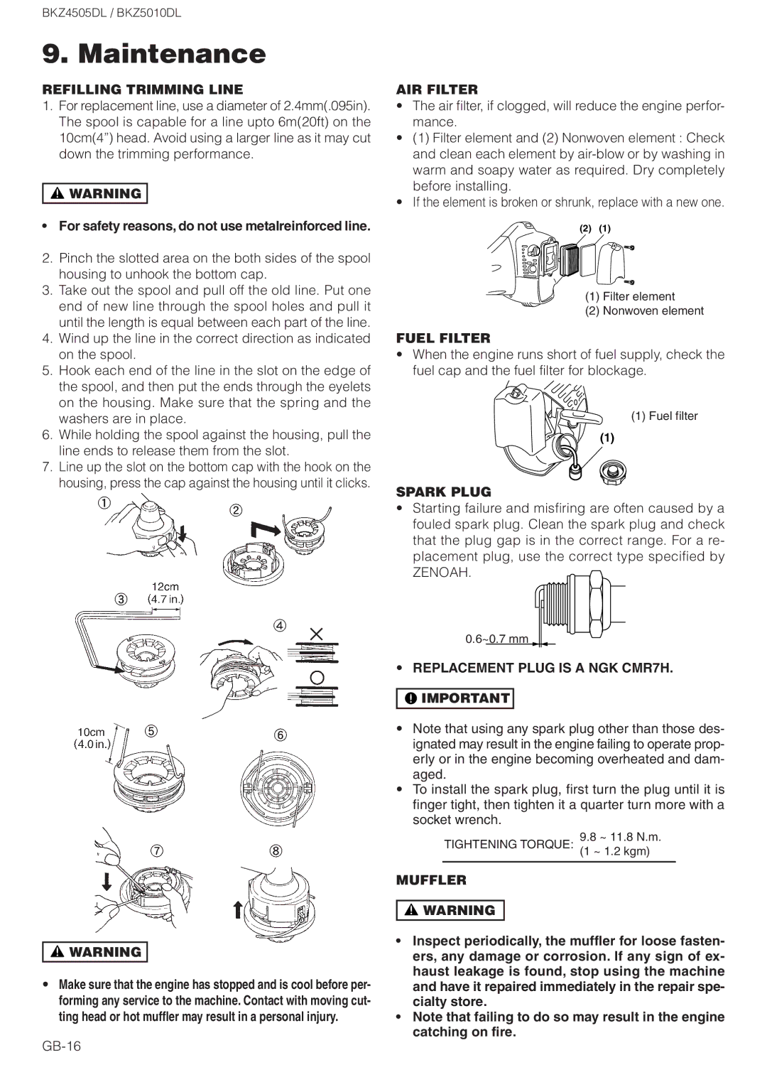 Zenoah BKZ4505DL Refilling Trimming Line, AIR Filter, Fuel Filter, Spark Plug, Replacement Plug is a NGK CMR7H, Muffler 