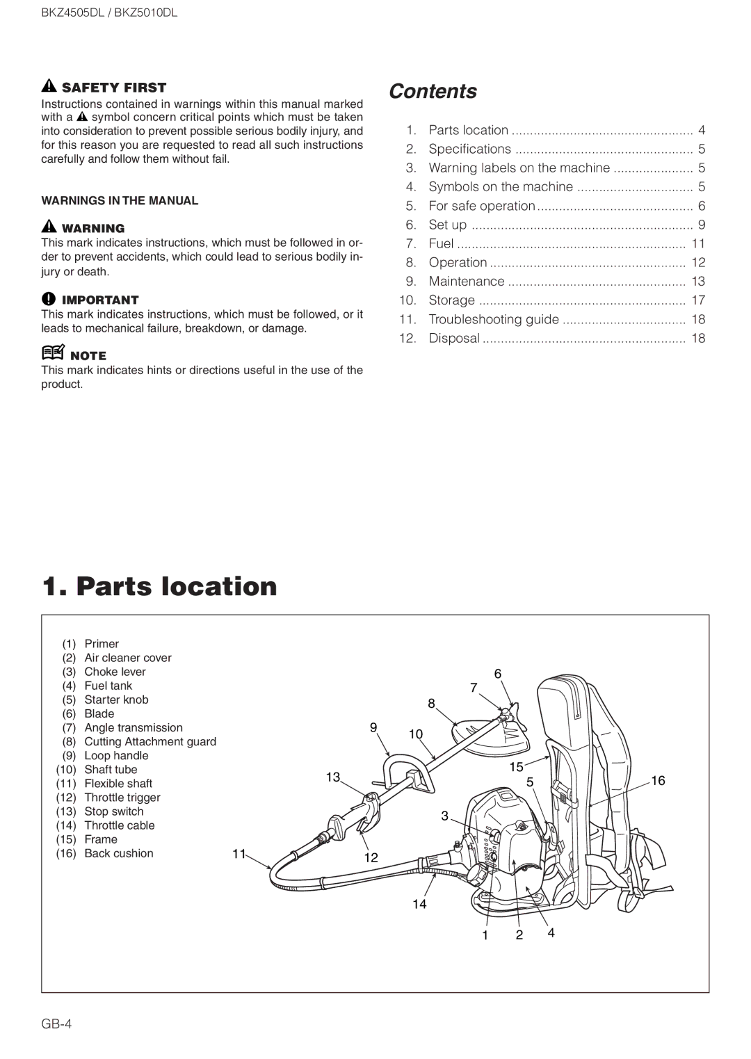 Zenoah BKZ4505DL, BKZ5010DL owner manual Parts location, Contents 