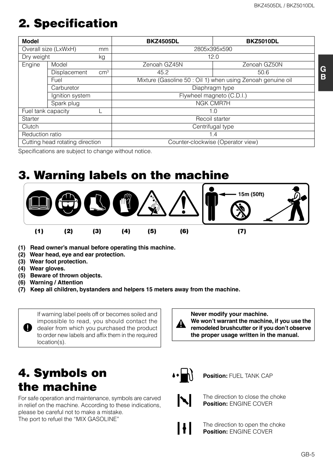 Zenoah owner manual Specification, Symbols on the machine, Model, BKZ4505DL BKZ5010DL, Never modify your machine 