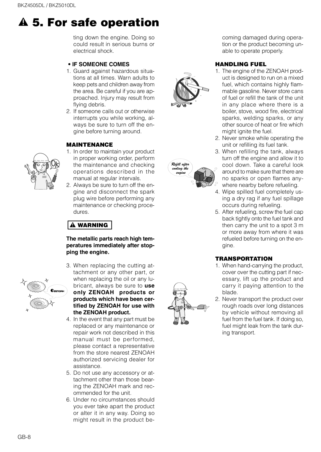 Zenoah BKZ4505DL, BKZ5010DL owner manual If Someone Comes, Maintenance, Handling Fuel, Transportation 