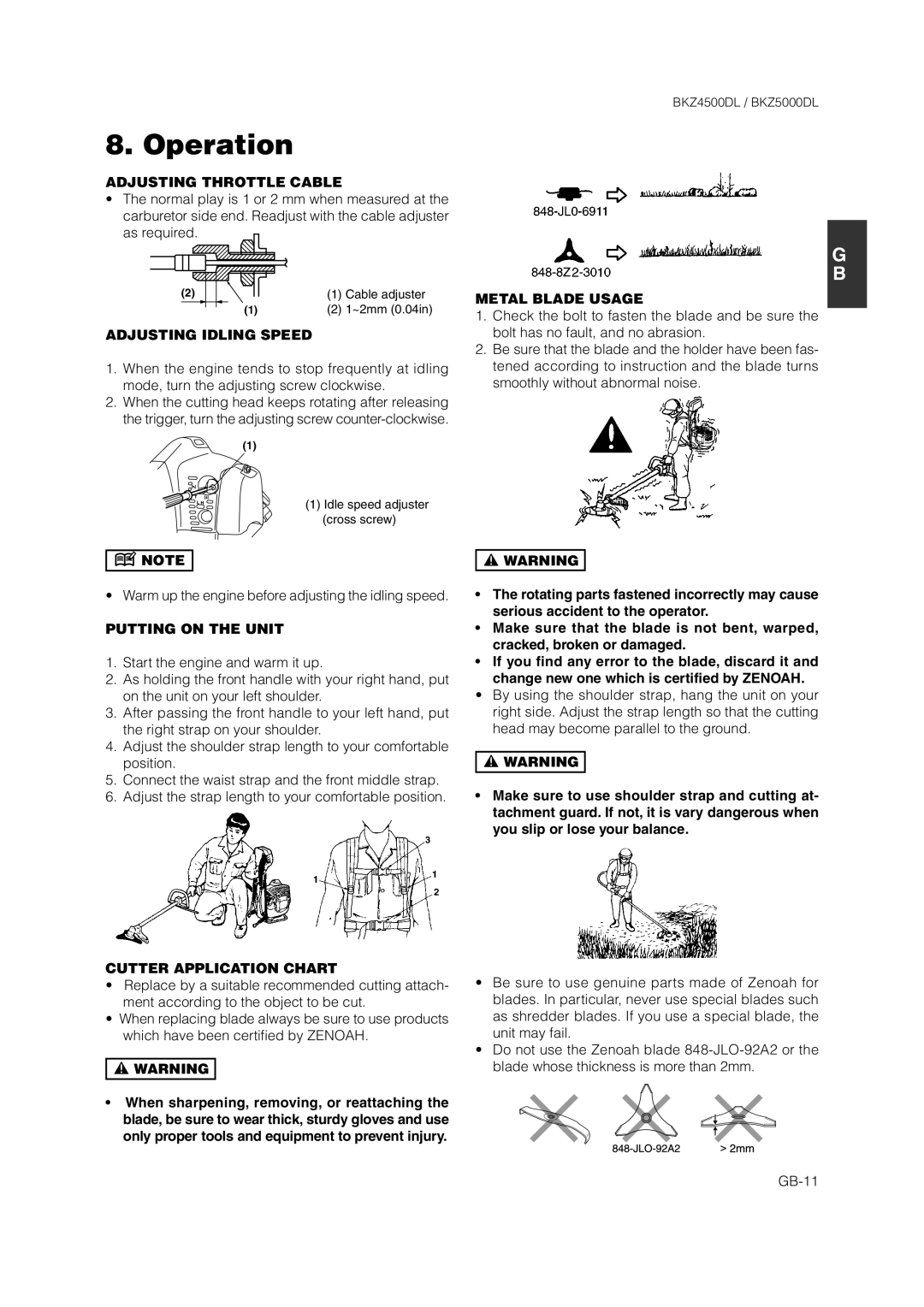 Zenoah BKZ5000DL Adjusting Throttle Cable, Adjusting Idling Speed, Putting on the Unit, Cutter Application Chart 